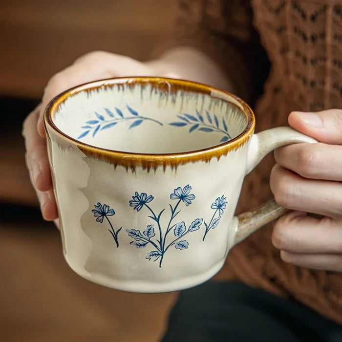 Microwave Safe Ceramic Coffee Cup Non-slip 385ml Exquisite Water Cup Heat-resistant Comfortable Grip Antique Style Mug Kitchen