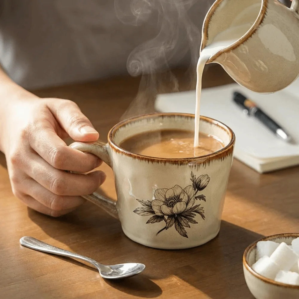 Microwave Safe Ceramic Coffee Cup 385ml Non-slip Exquisite Water Cup Heat-resistant Comfortable Grip Antique Style Mug