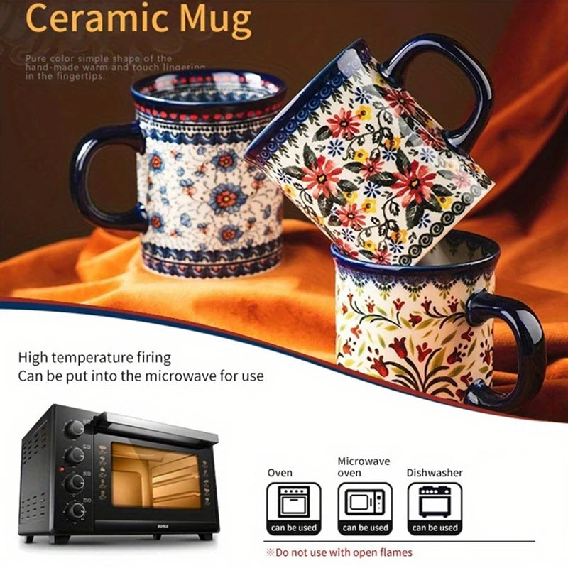 Bohemian Style Ceramic Mug, Hand-Painted Floral Pattern, Microwave Oven Compatible, Suitable for Coffee and Tea Consumption.