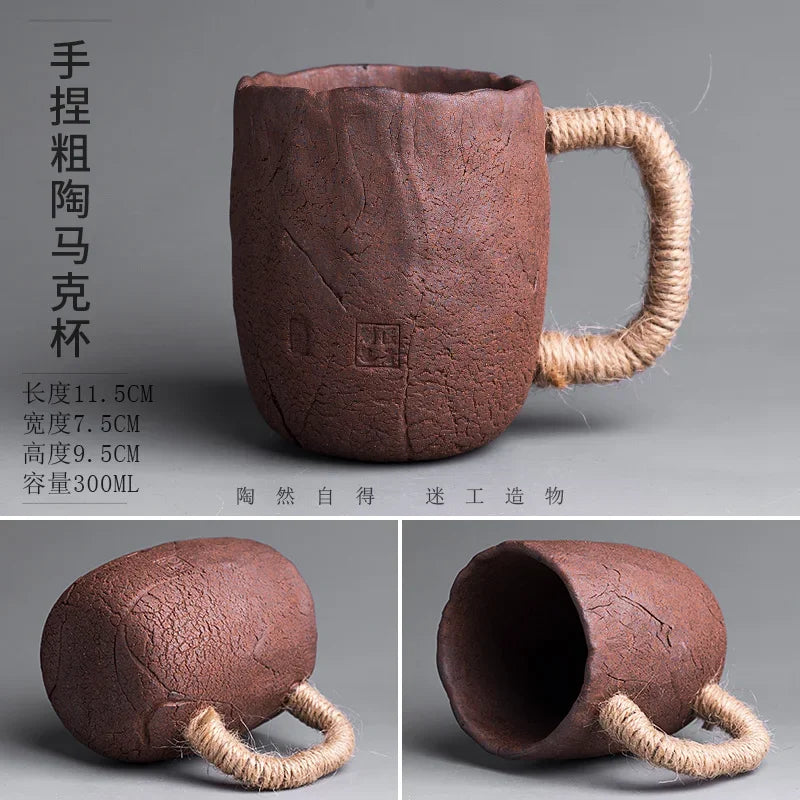 Handmade thick ceramic mug with lid spoon creative tie rope ceramic large capacity Japanese coffee cup cups