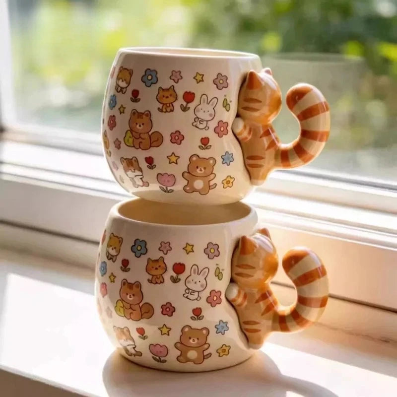 Cute Cat Ceramic Mug Creative Special Handle Design High Appearance Coffee Cup Home Decor Collection Gift For Friends