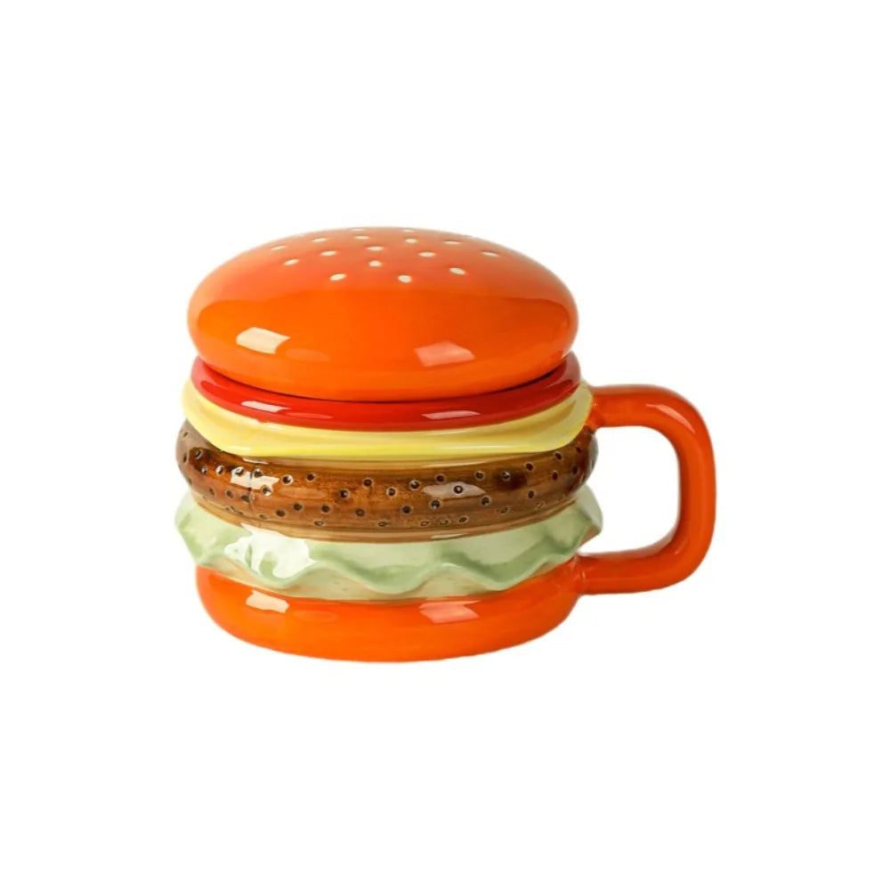 Bright Fun Colors Burger-Shaped Ceramic Mug with Lid Comfortable Grip Hamburger Mug 420ml Cartoon Breakfast Cup Birthday Gift