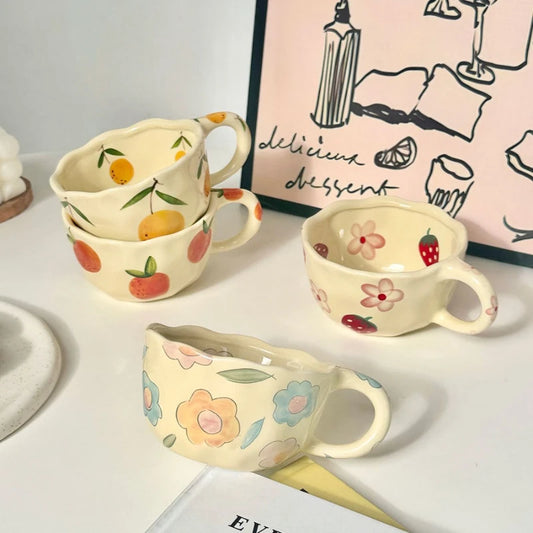 Ceramic Coffee Cup, Hand-made Irregular Flower Milk Tea Cup, Simple Office Mug, Home Breakfast Milk Cup, Kitchen Supplies