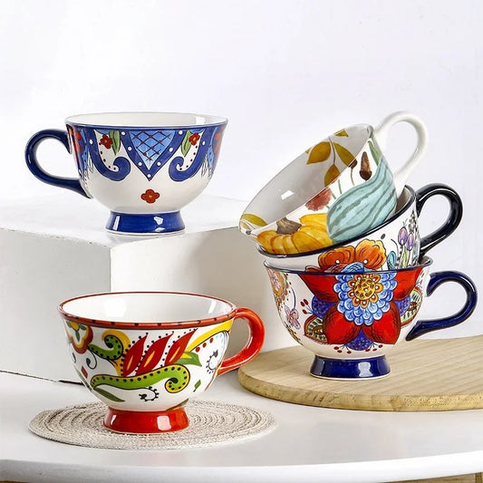 Ceramic Breakfast Mug European Pastoral Style Bone China Coffee Mug Creative High Foot Flower Teacup Home Drinkware Water Cup