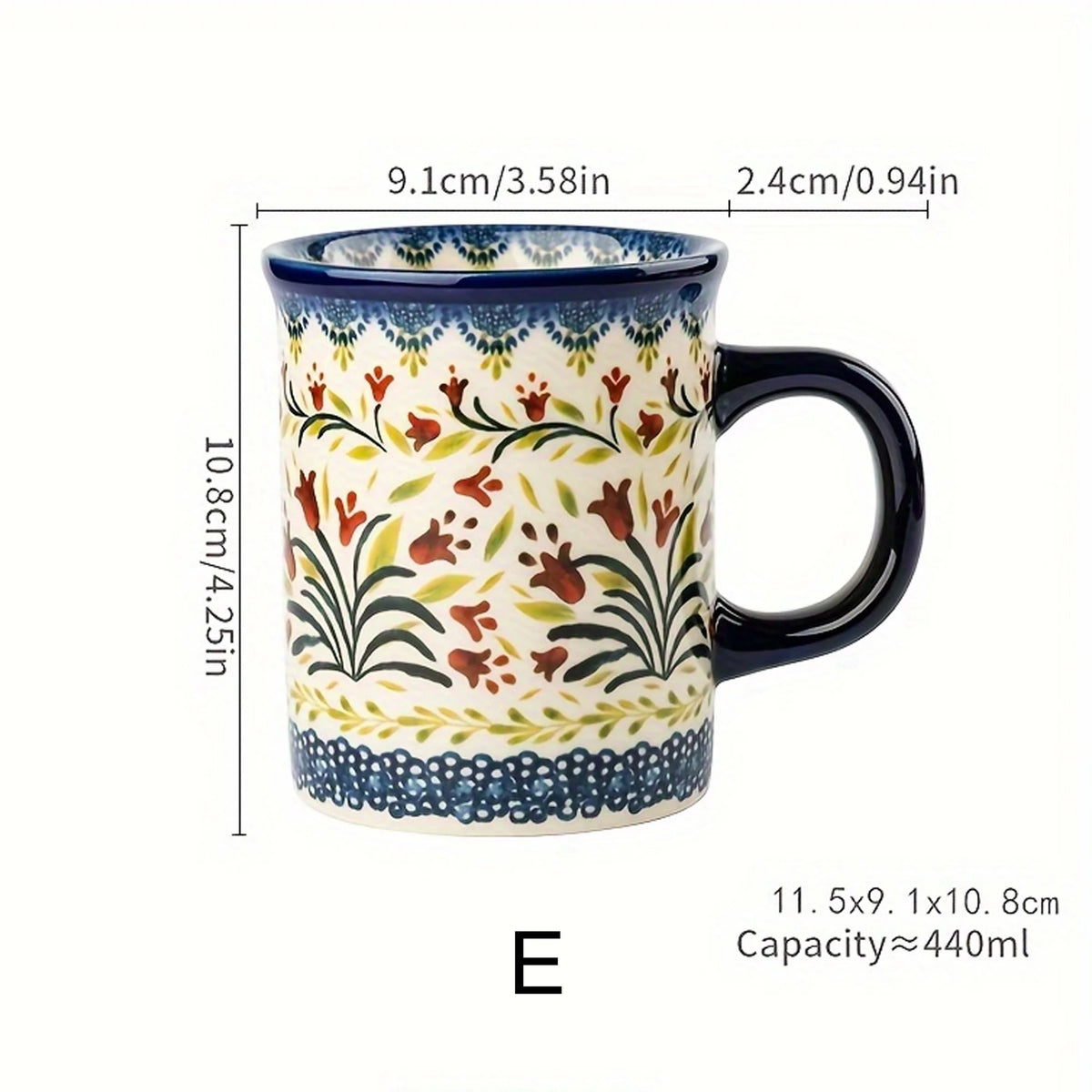 Bohemian Style Ceramic Mug, Hand-Painted Floral Pattern, Microwave Oven Compatible, Suitable for Coffee and Tea Consumption.