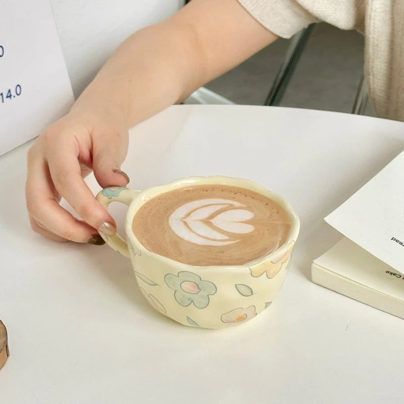 Ceramic Coffee Cup, Hand-made Irregular Flower Milk Tea Cup, Simple Office Mug, Home Breakfast Milk Cup, Kitchen Supplies