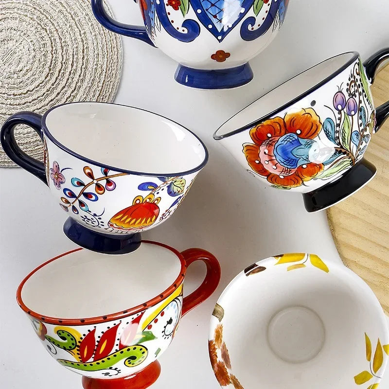 Ceramic Breakfast Mug European Pastoral Style Bone China Coffee Mug Creative High Foot Flower Teacup Home Drinkware Water Cup