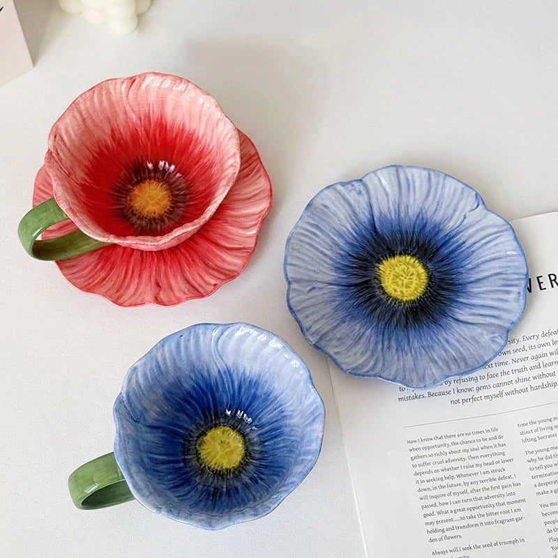 Creative Ceramic Coffee Mug Saucer Three-dimensional Flower Decoration Cup Delicate Latte Coffee Cup Home Breakfast Oatmeal Mug