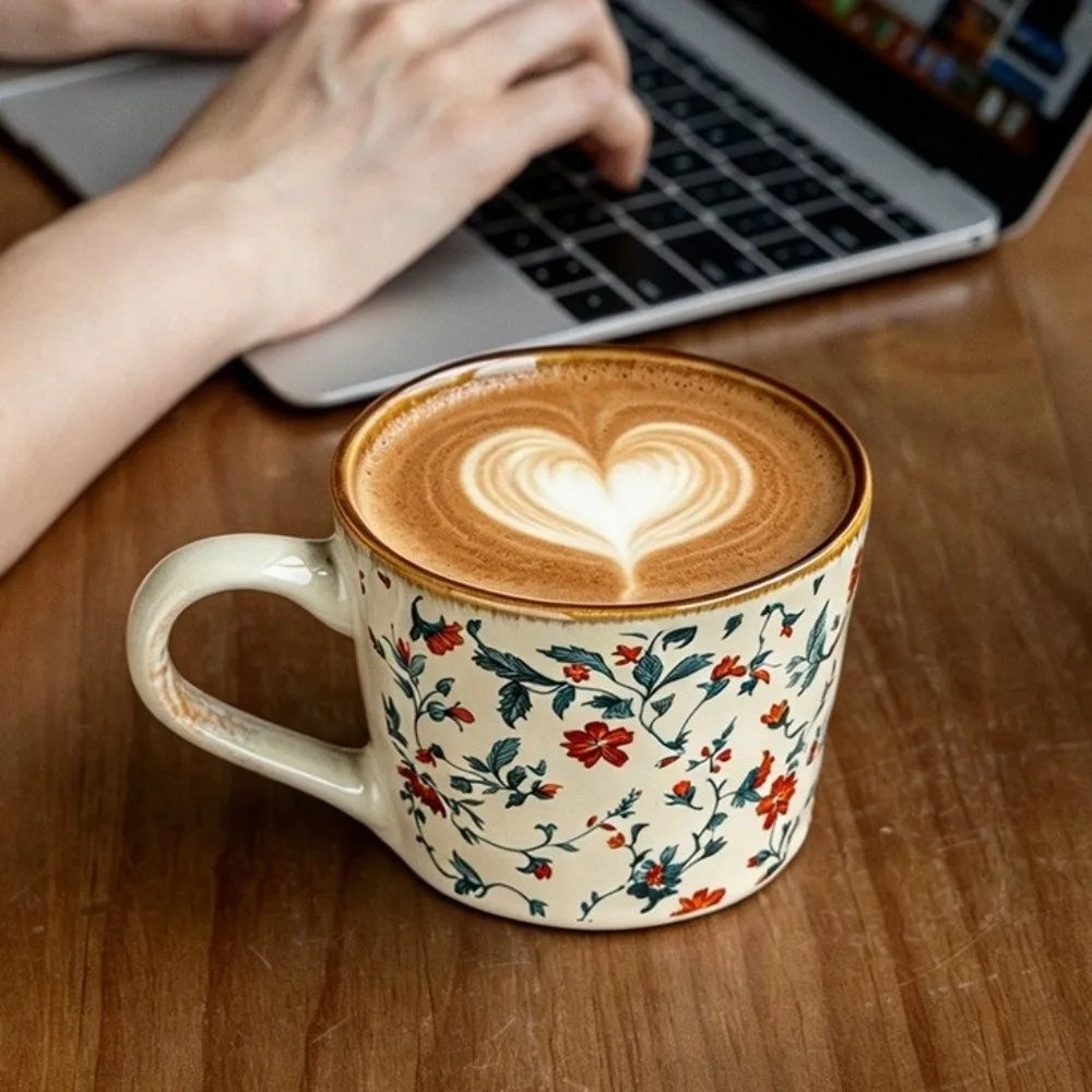Microwave Safe Ceramic Coffee Cup Non-slip 385ml Exquisite Water Cup Heat-resistant Comfortable Grip Antique Style Mug Kitchen