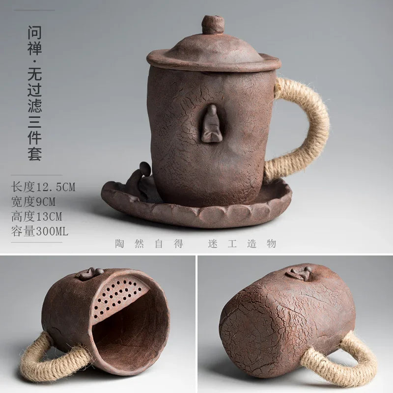 Handmade thick ceramic mug with lid spoon creative tie rope ceramic large capacity Japanese coffee cup cups